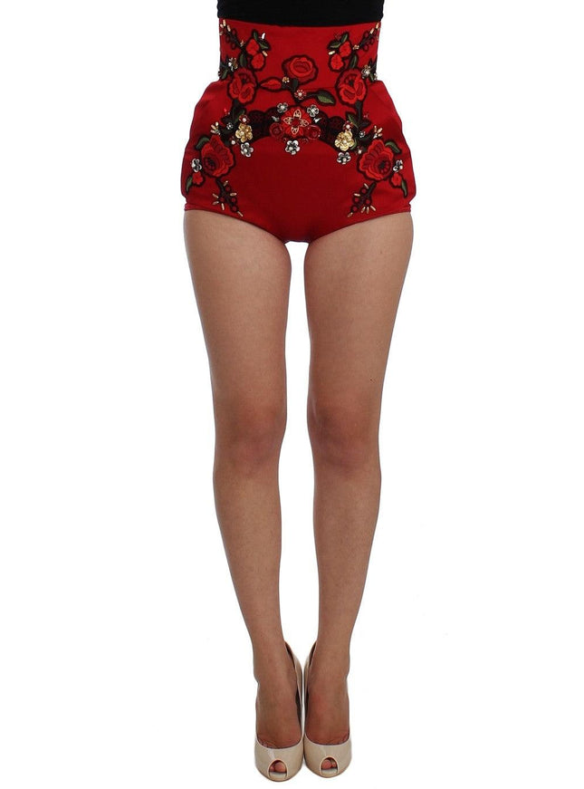 Dolce & Gabbana Red Silk Crystal Roses Shorts - Ellie Belle