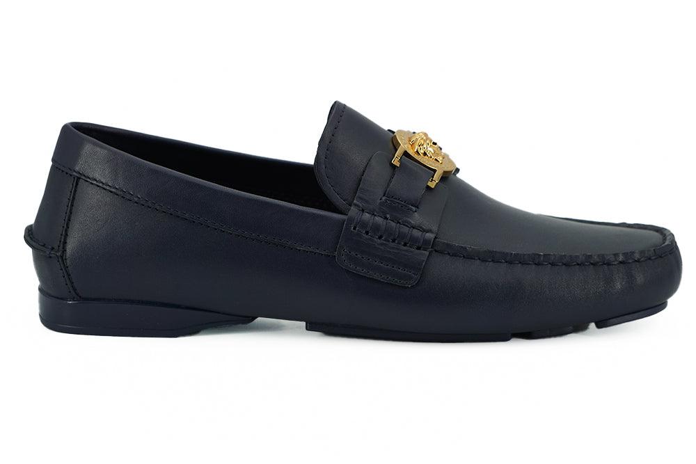 Versace Navy Blue Calf Leather Loafers Shoes - Ellie Belle