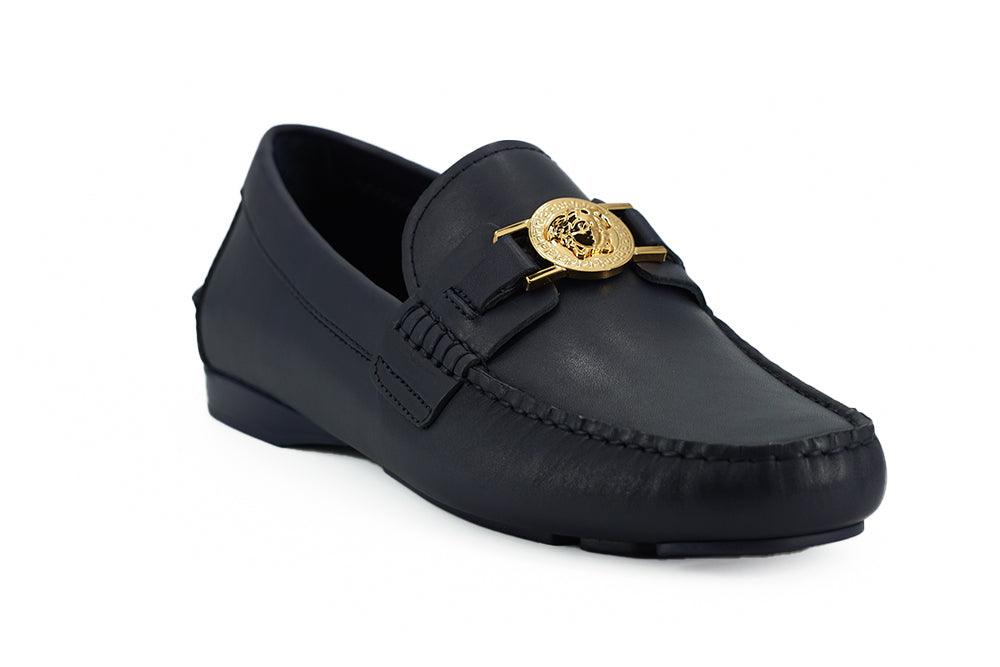 Versace Navy Blue Calf Leather Loafers Shoes - Ellie Belle