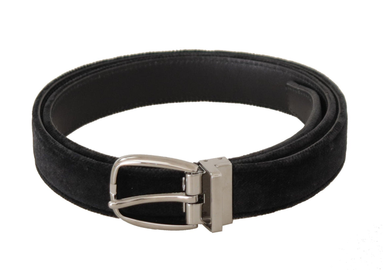 Dolce & Gabbana Black Velvet Silver Tone Logo Metal Buckle Belt - Ellie Belle