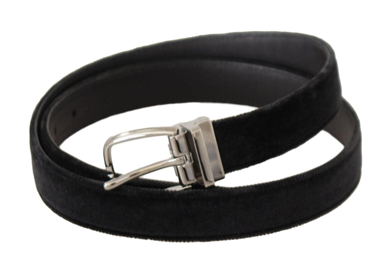 Dolce & Gabbana Black Velvet Silver Tone Logo Metal Buckle Belt - Ellie Belle