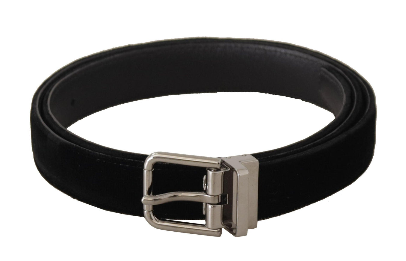 Dolce & Gabbana Black Velvet Silver Tone Logo Metal Buckle Belt - Ellie Belle