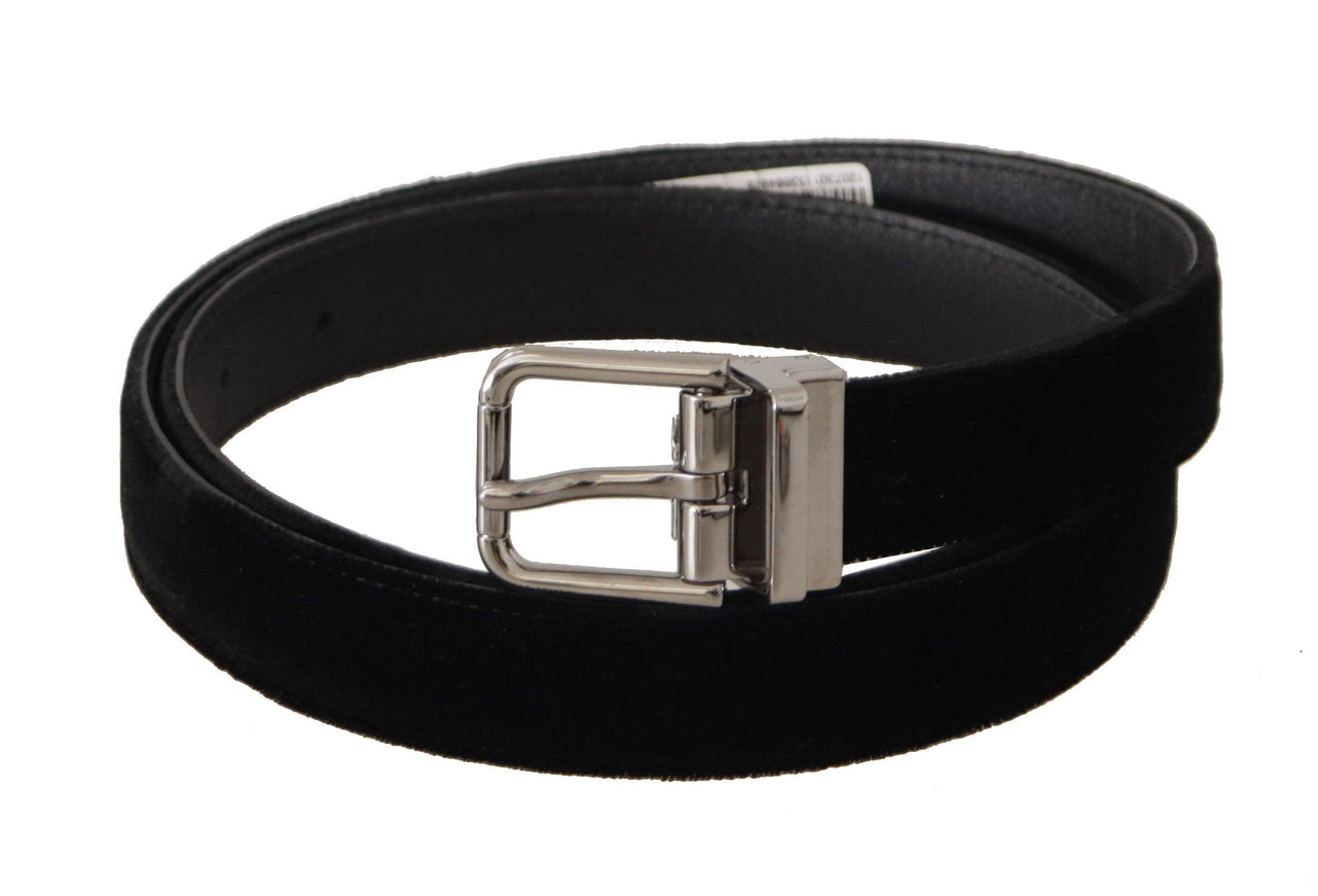 Dolce & Gabbana Black Velvet Silver Tone Logo Metal Buckle Belt - Ellie Belle