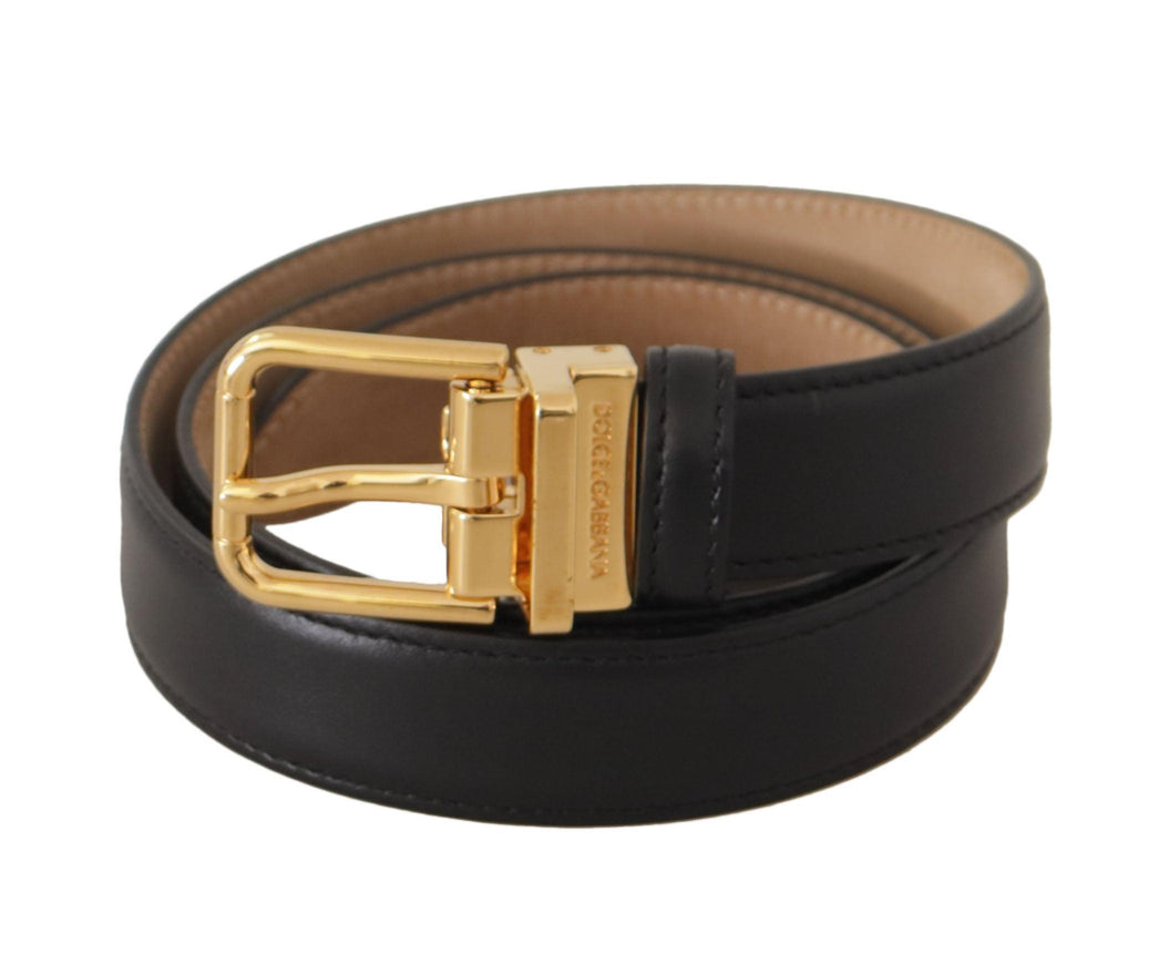 Dolce & Gabbana Black Calf Leather Gold Metal Logo Waist Buckle Belt - Ellie Belle