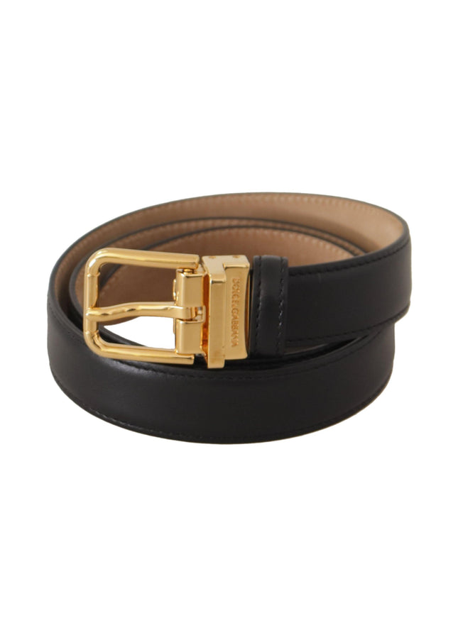 Dolce & Gabbana Black Calf Leather Gold Metal Logo Waist Buckle Belt - Ellie Belle