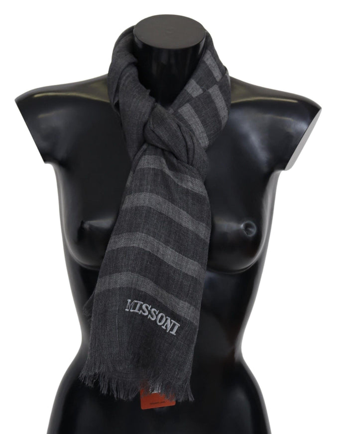 Missoni Gray Striped Wool Unisex Neck Wrap Fringes Scarf - Ellie Belle