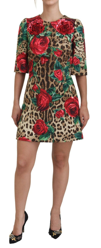 Dolce & Gabbana Brown Leopard Red Roses Cotton A-line Dress - Ellie Belle