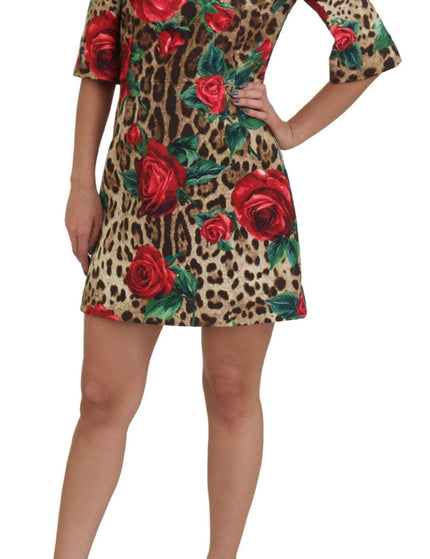 Dolce & Gabbana Brown Leopard Red Roses Cotton A-line Dress - Ellie Belle