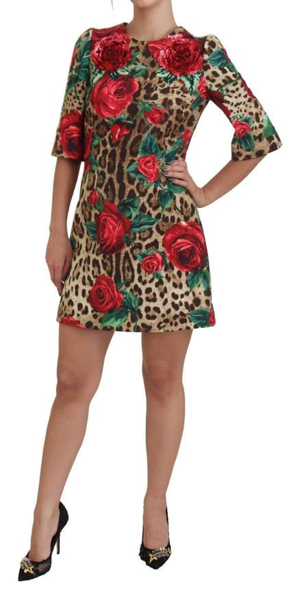 Dolce & Gabbana Brown Leopard Red Roses Cotton A-line Dress - Ellie Belle