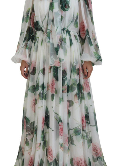 Dolce & Gabbana White Floral Roses Silk Maxi Long Gown Dress - Ellie Belle