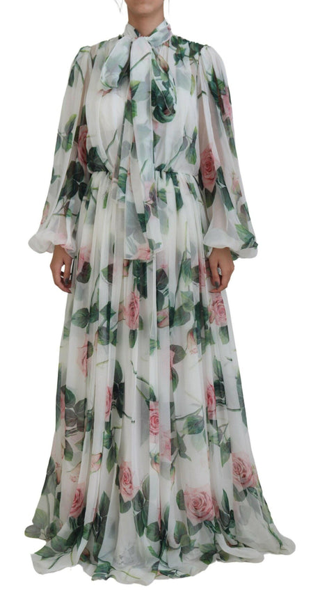 Dolce & Gabbana White Floral Roses Silk Maxi Long Gown Dress - Ellie Belle