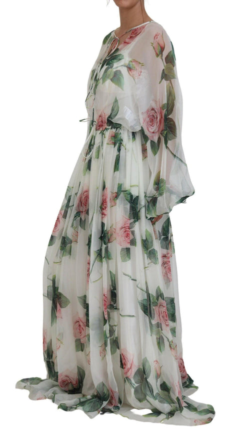 Dolce & Gabbana White Floral Roses Silk Maxi Long Gown Dress - Ellie Belle