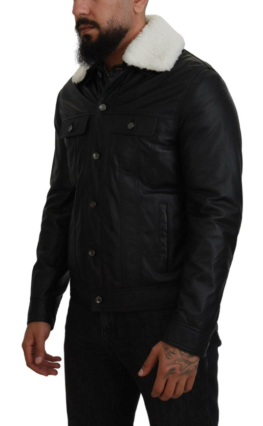 Dolce & Gabbana Black Lamb Leather Collared Men Coat Jacket - Ellie Belle