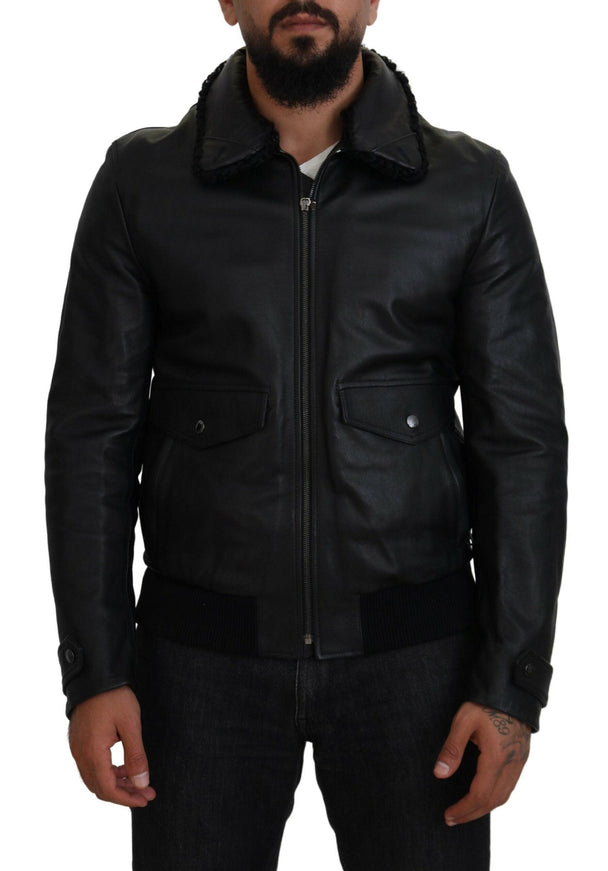 Dolce & Gabbana Black Lamb Leather Collared Men Coat Jacket - Ellie Belle