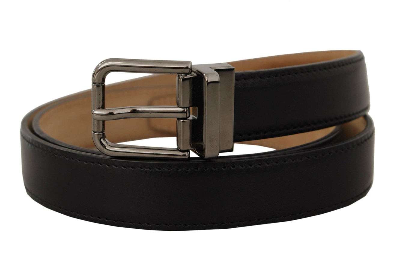 Dolce & Gabbana Black Calf Leather Logo Engraved Metal Buckle Belt - Ellie Belle