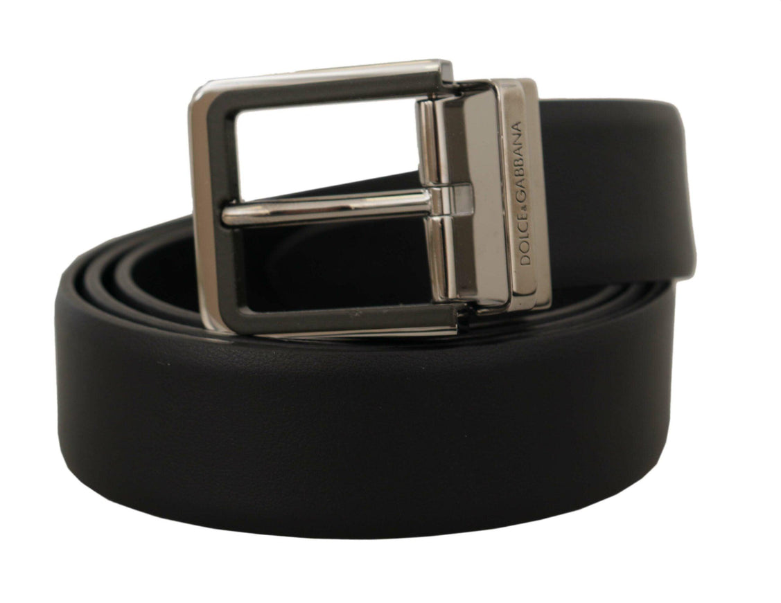 Dolce & Gabbana Black Calf Leather Logo Engraved Metal Buckle Belt - Ellie Belle