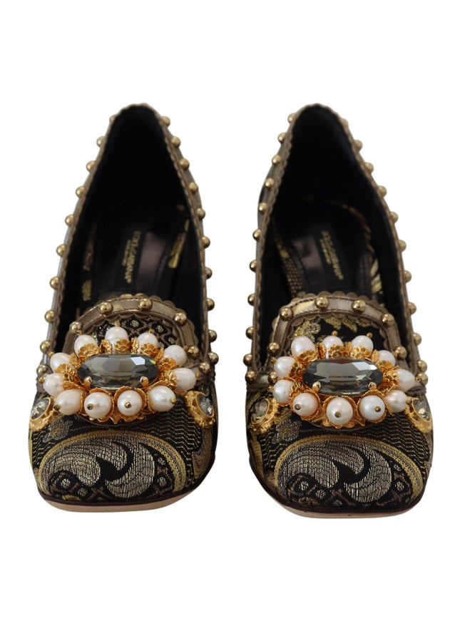 Dolce & Gabbana Gold Crystal Square Toe Brocade Pumps Shoes - Ellie Belle