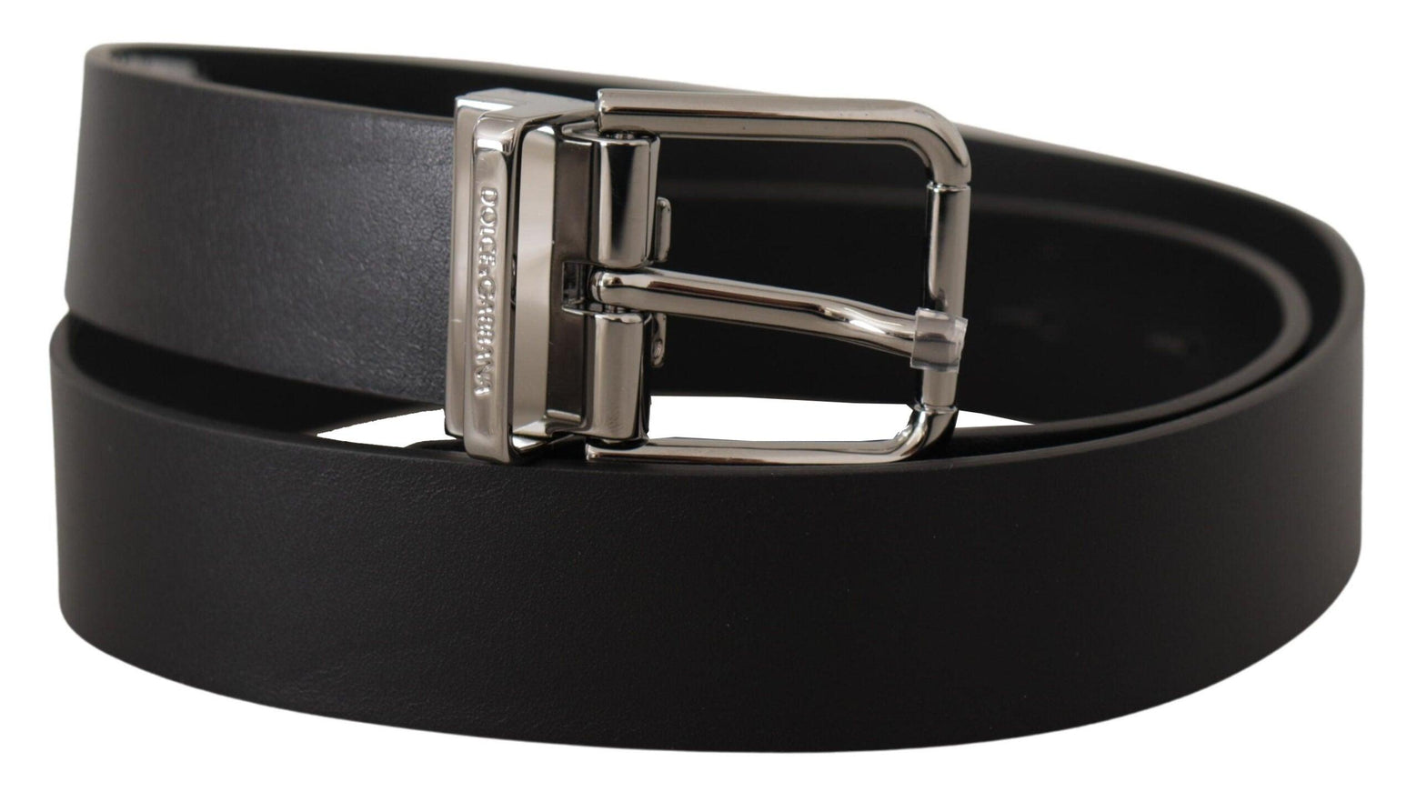 Dolce & Gabbana Black Calf Leather Logo Engraved Metal Buckle Belt - Ellie Belle