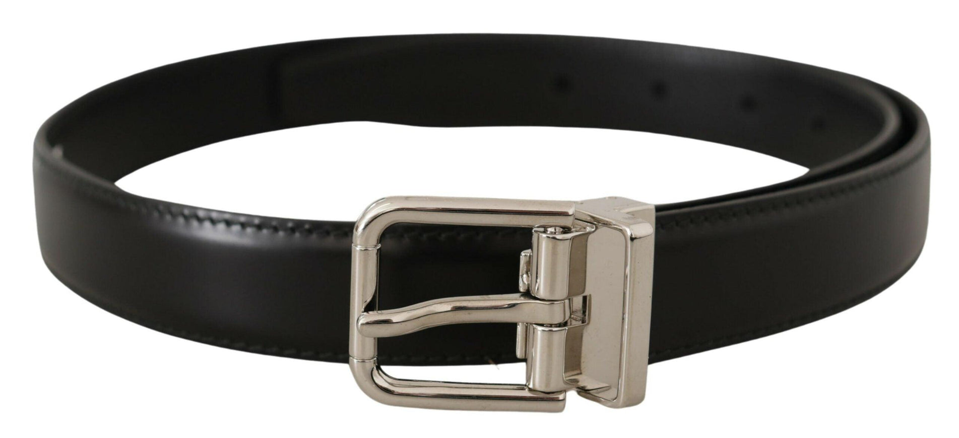 Dolce & Gabbana Black Calf Leather Logo Engraved Metal Buckle Belt - Ellie Belle