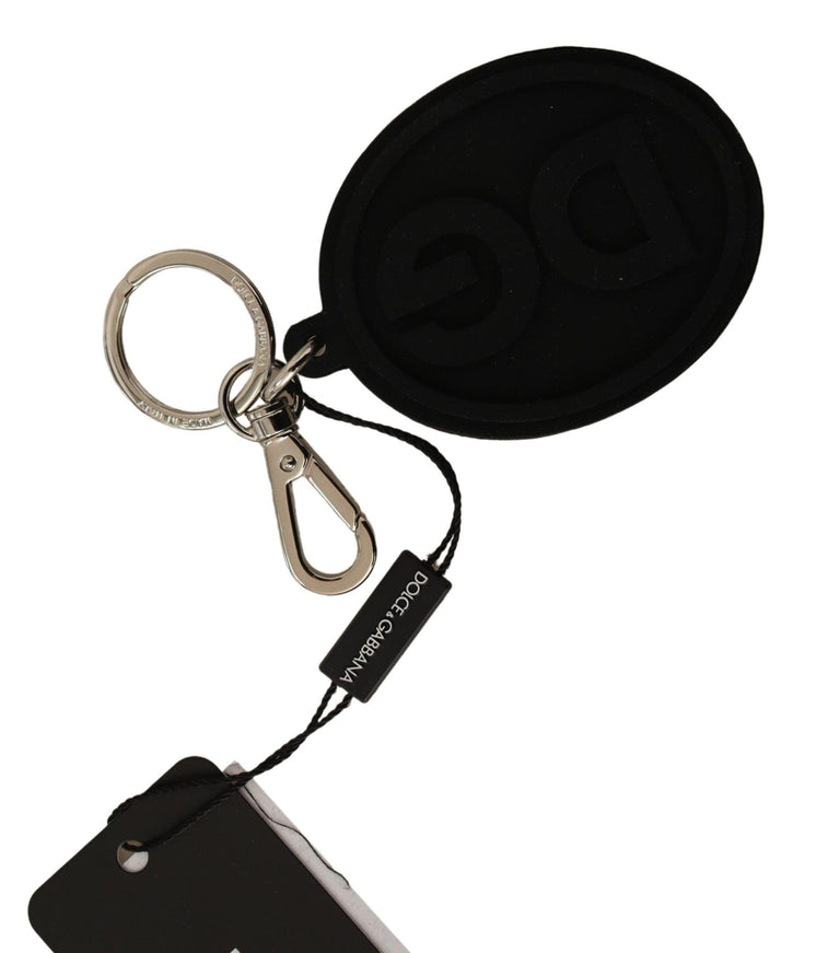 Dolce & Gabbana Black Rubber DG Logo Silver Brass Metal Keychain - Ellie Belle