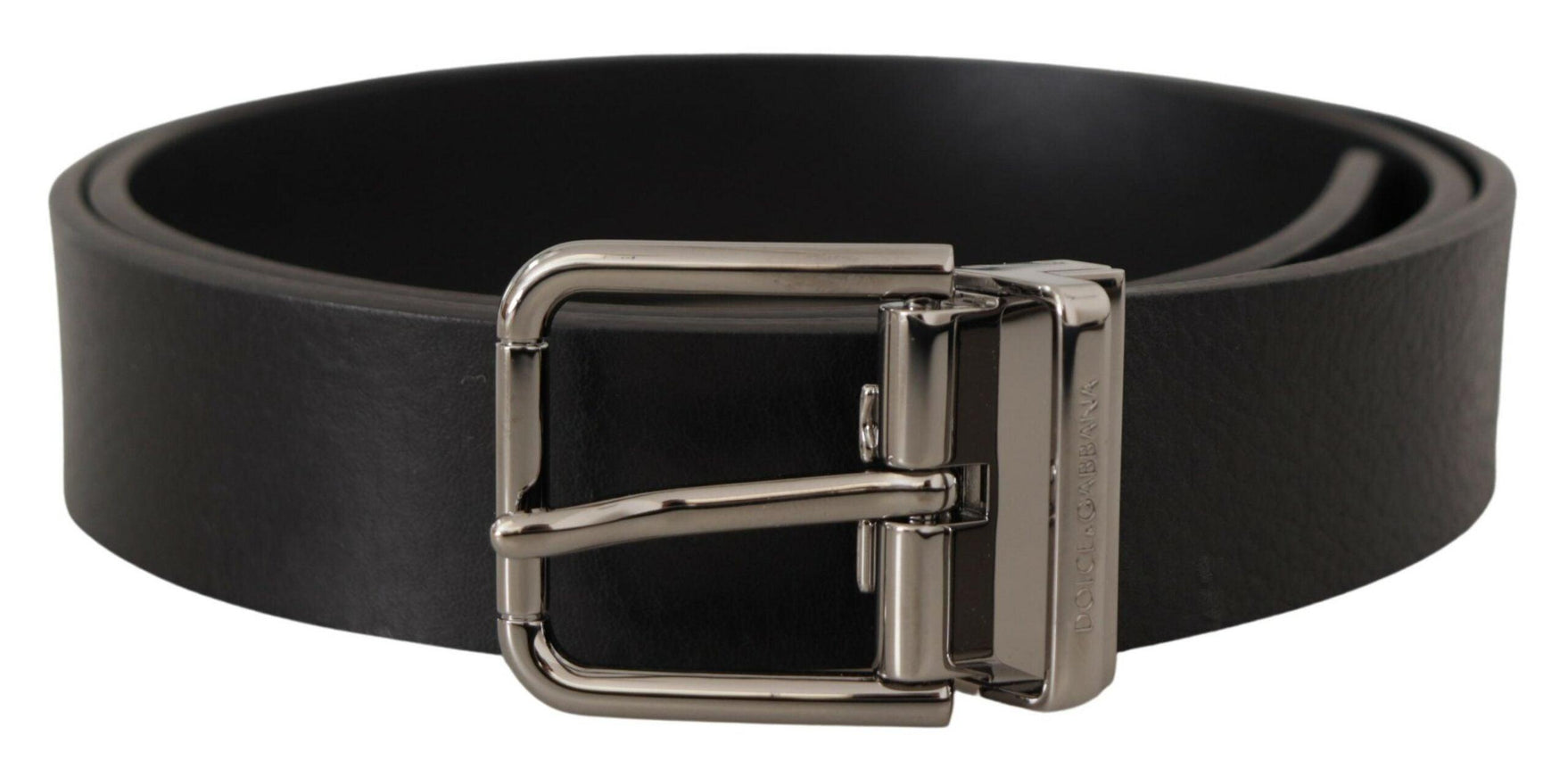 Dolce & Gabbana Black Calf Leather Logo Engraved Metal Buckle Belt - Ellie Belle