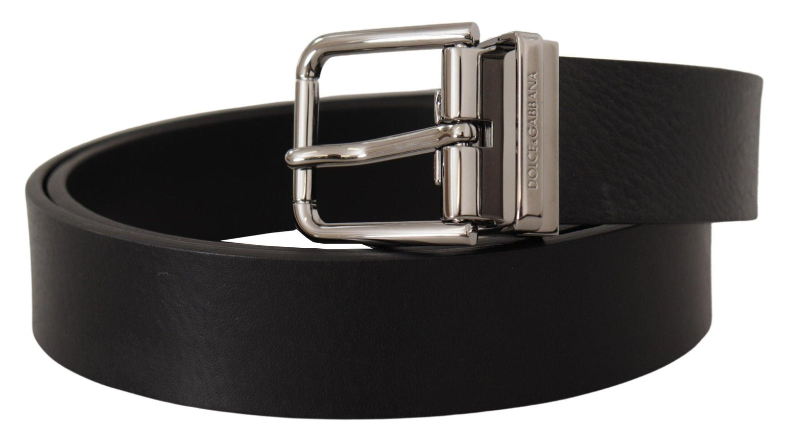 Dolce & Gabbana Black Calf Leather Logo Engraved Metal Buckle Belt - Ellie Belle