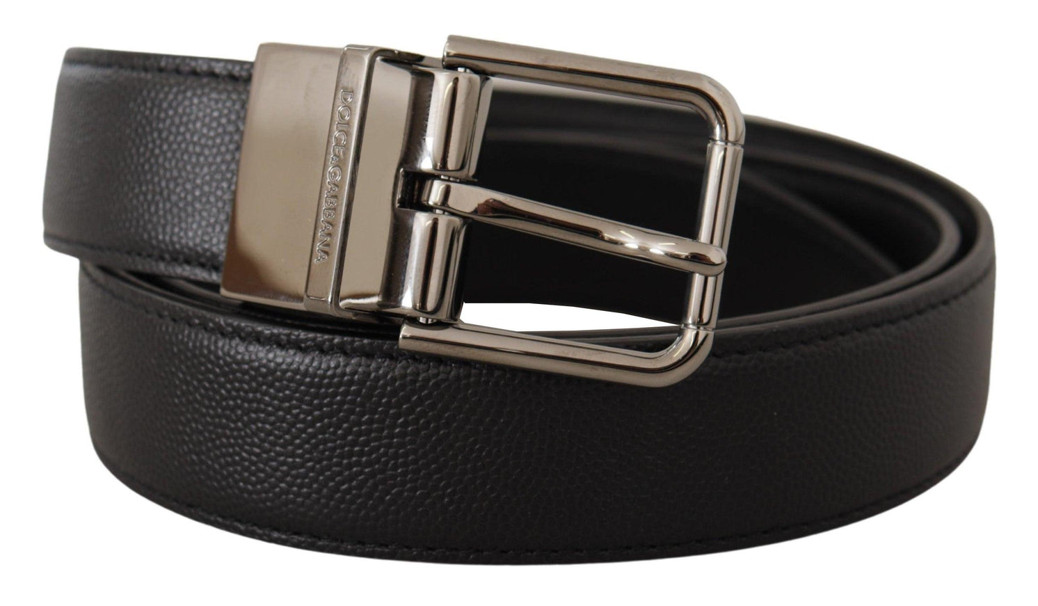 Dolce & Gabbana Black Calf Leather Logo Engraved Metal Buckle Belt - Ellie Belle