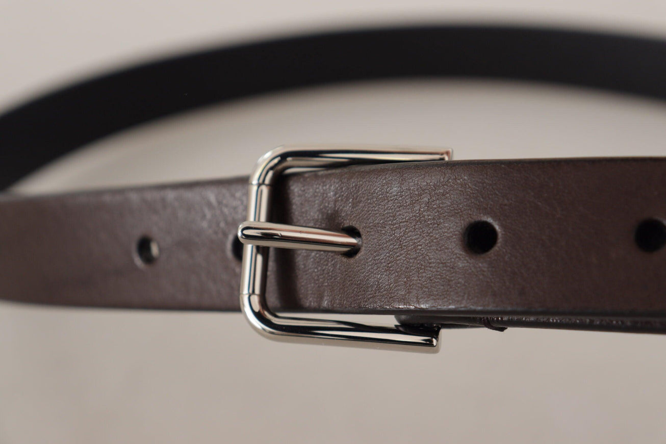 Dolce & Gabbana Brown Calf Leather Silver Tone Metal Buckle Belt - Ellie Belle