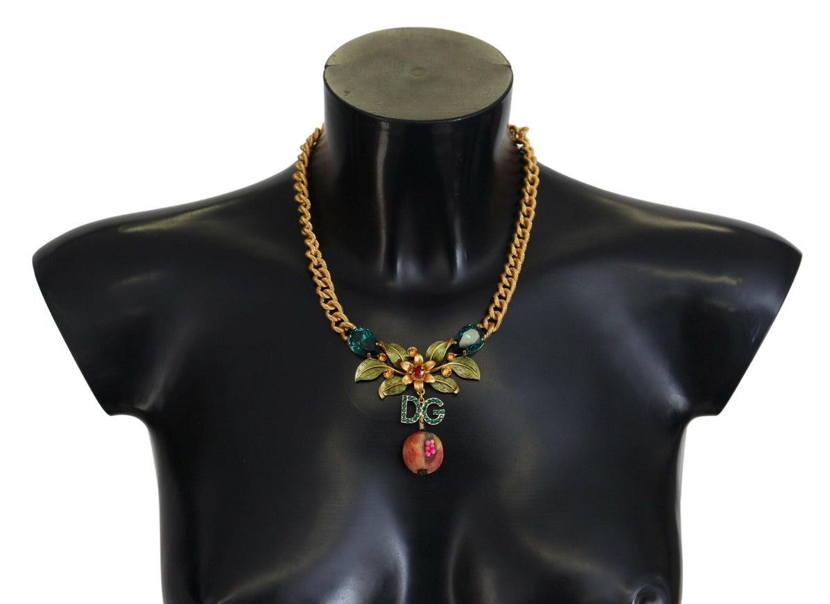 Dolce & Gabbana Gold Brass Crystal Logo Fruit Floral Statement Necklace - Ellie Belle