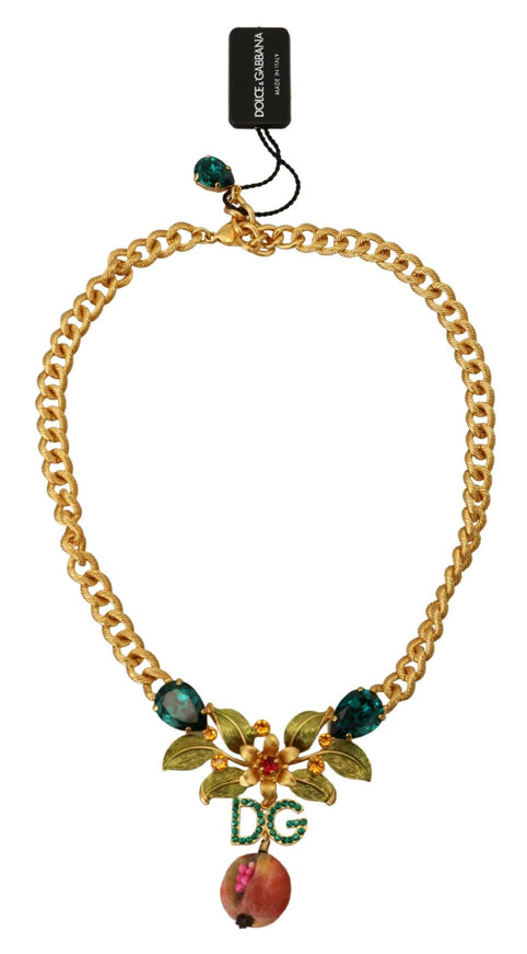 Dolce & Gabbana Gold Brass Crystal Logo Fruit Floral Statement Necklace - Ellie Belle