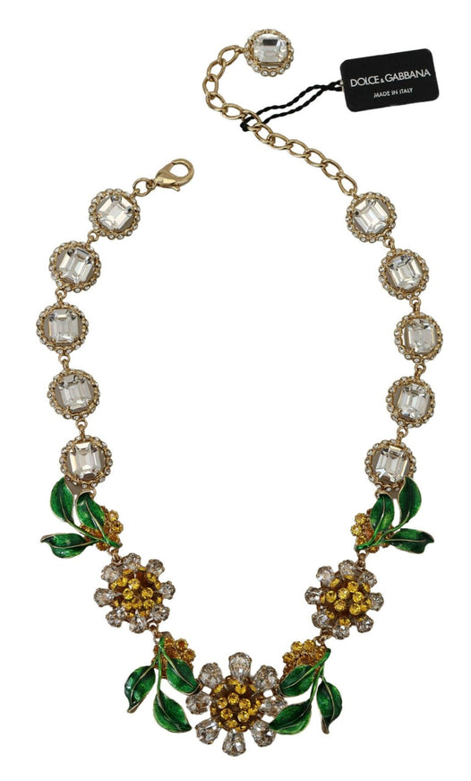 Dolce & Gabbana Gold Brass Crystal Logo Floral Statement Necklace - Ellie Belle