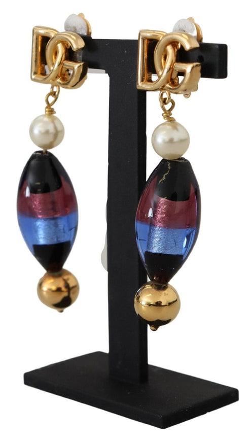 Dolce & Gabbana Gold Plated Brass Glass Design Dangling Earrings - Ellie Belle