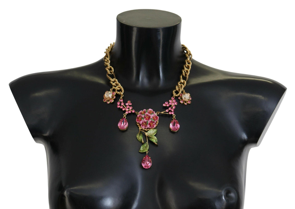 Dolce & Gabbana Gold Brass Chain Crystal Floral Roses Jewelry Necklace - Ellie Belle