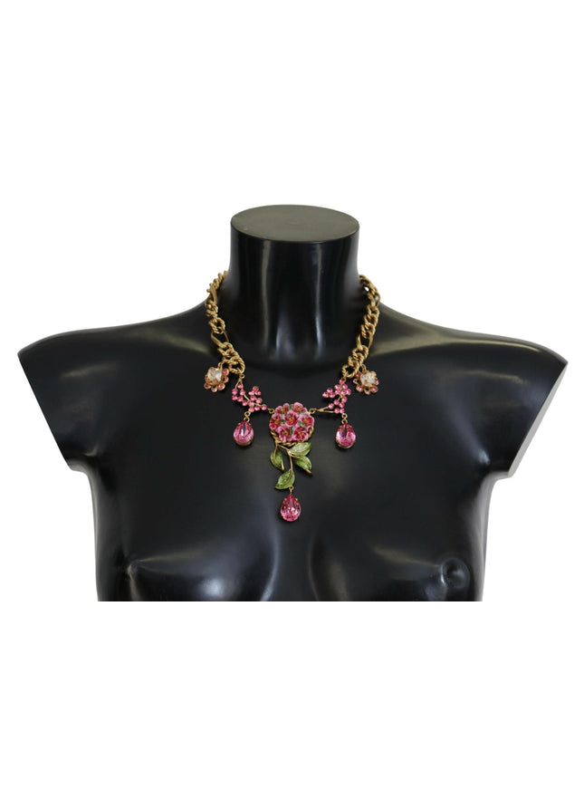 Dolce & Gabbana Gold Brass Chain Crystal Floral Roses Jewelry Necklace - Ellie Belle