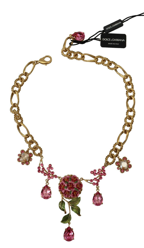 Dolce & Gabbana Gold Brass Chain Crystal Floral Roses Jewelry Necklace - Ellie Belle