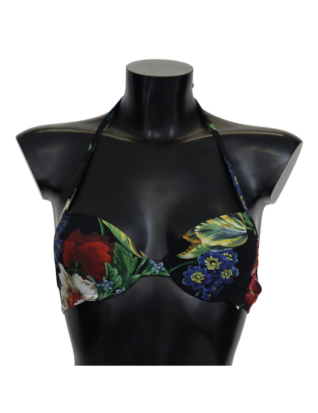 Dolce & Gabbana Black Floral Print Nylon Swimwear Bikini Tops - Ellie Belle