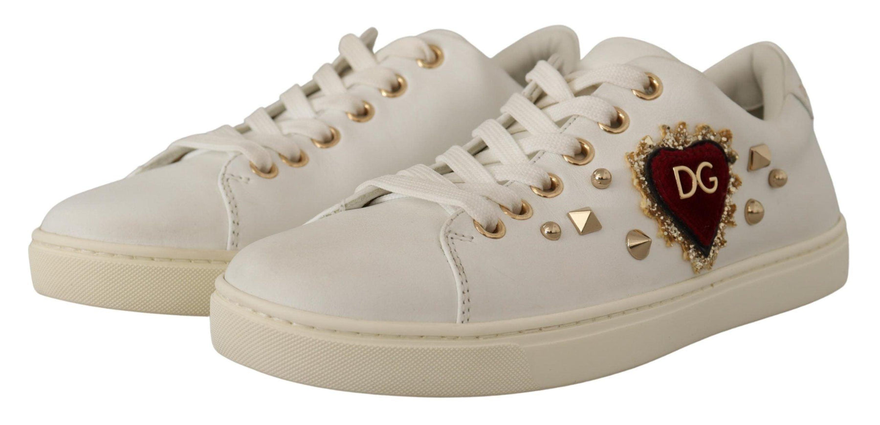 Dolce & Gabbana White Leather Gold Red Heart Sneakers Shoes - Ellie Belle