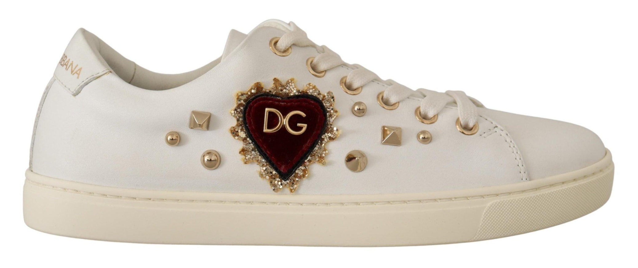 Dolce & Gabbana White Leather Gold Red Heart Sneakers Shoes - Ellie Belle