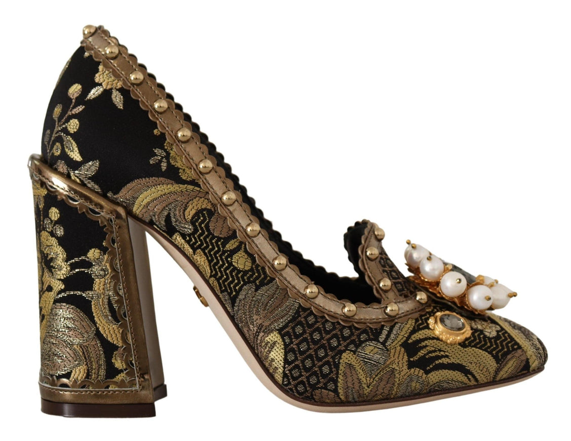 Dolce & Gabbana Gold Crystal Square Toe Brocade Pumps Shoes - Ellie Belle