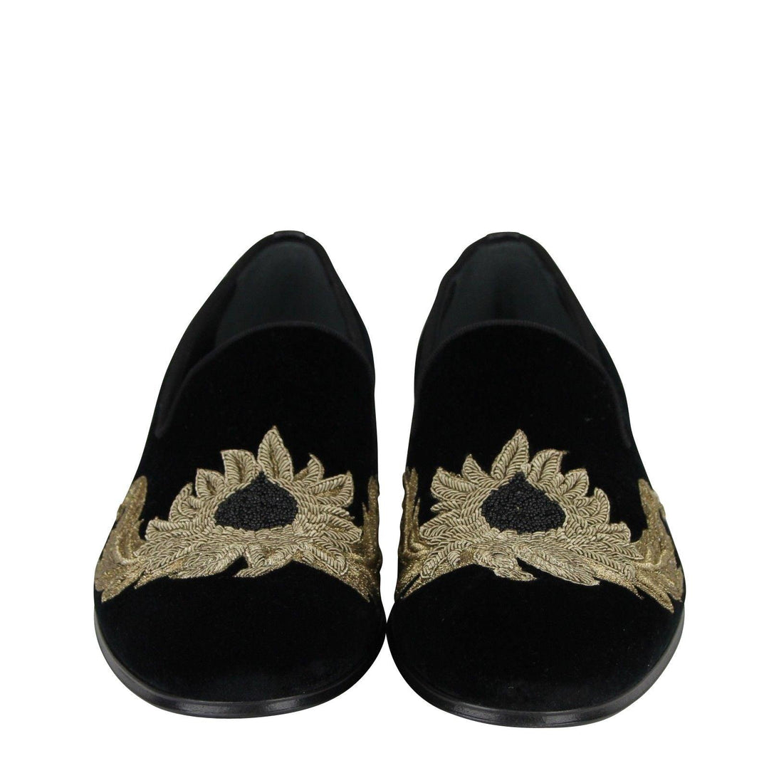 Alexander McQueen Alexander McQueen Men's Gold Embroidered Detail Black Velvet Slip On Shoes - Ellie Belle