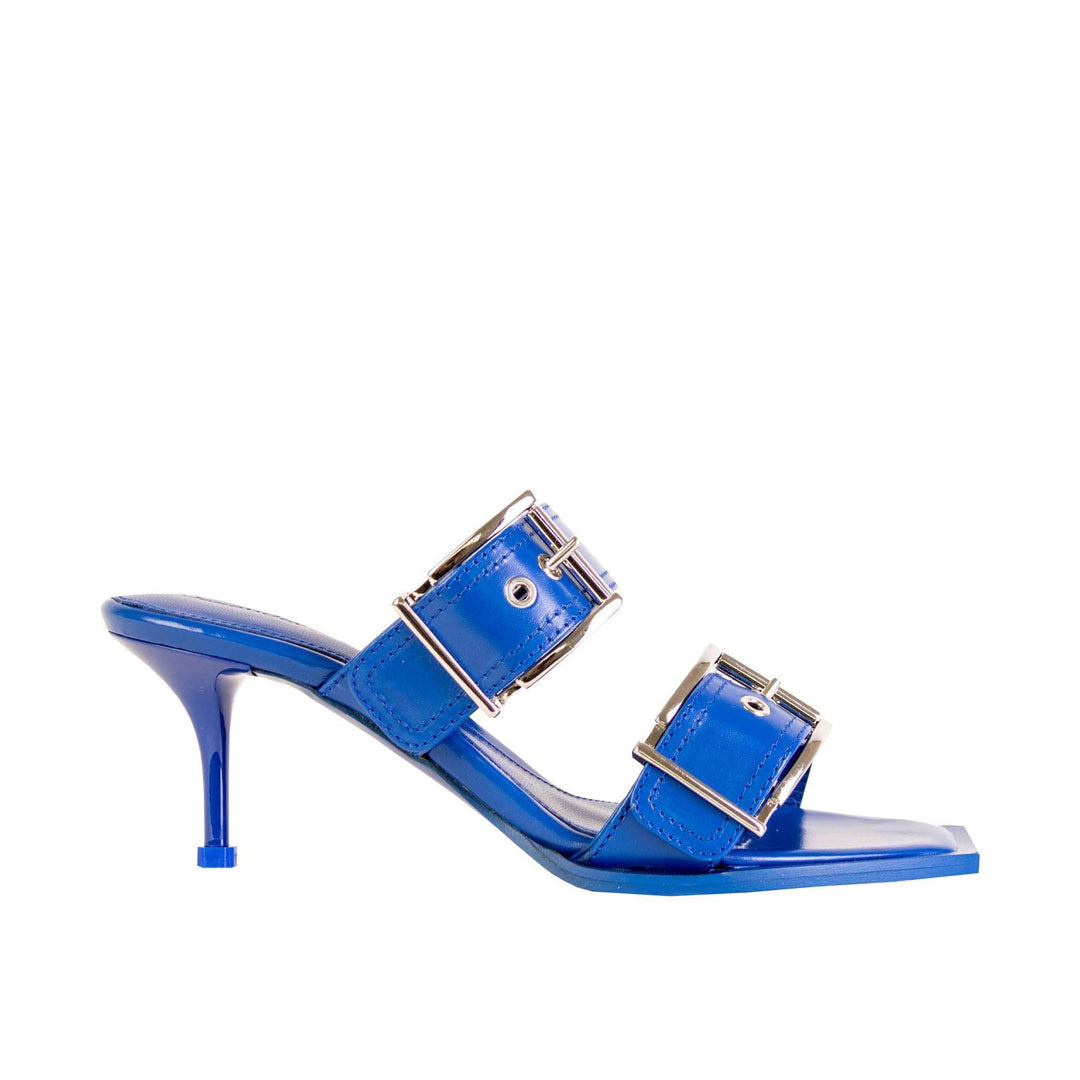 Alexander McQueen Blue Heeled Buckle Leather Sandals - Ellie Belle