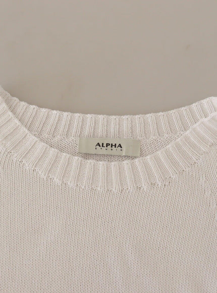 Alpha Studio White Long Sleeves Crewneck Pullover Sweater - Ellie Belle