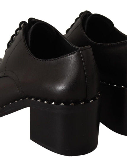 ASH Black Leather Block Mid Heels Lace Up Studs Shoes - Ellie Belle