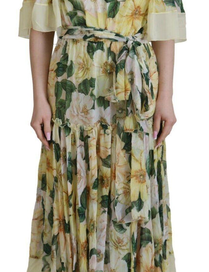 Dolce & Gabbana Yellow Floral Print Pleated Maxi Silk Dress - Ellie Belle