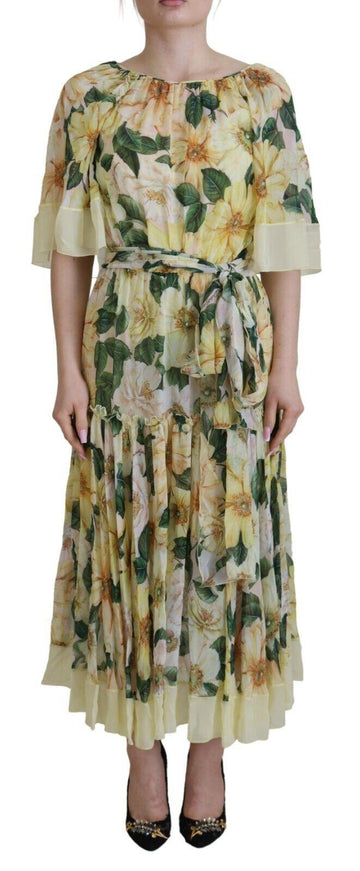 Dolce & Gabbana Yellow Floral Print Pleated Maxi Silk Dress - Ellie Belle