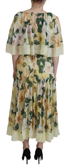 Dolce & Gabbana Yellow Floral Print Pleated Maxi Silk Dress - Ellie Belle