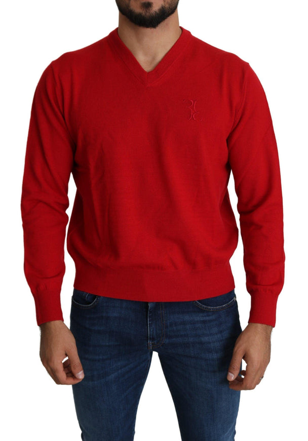 Billionaire Italian Couture Red V-neck Wool Sweatshirt Pullover Sweater - Ellie Belle