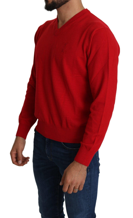 Billionaire Italian Couture Red V-neck Wool Sweatshirt Pullover Sweater - Ellie Belle