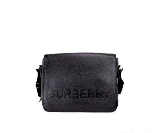 Burberry Bruno Small Black Embossed Branded Pebble Leather Messenger Handbag - Ellie Belle