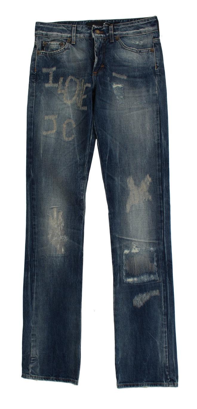 Cavalli Blue Wash Torn Cotton Straight Fit Jeans - Ellie Belle
